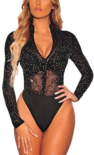 MAYFASEY Damen Sexy Strass Body V Ausschnitt Langarm Jumpsuit Trikot Top, Schwarz, M
