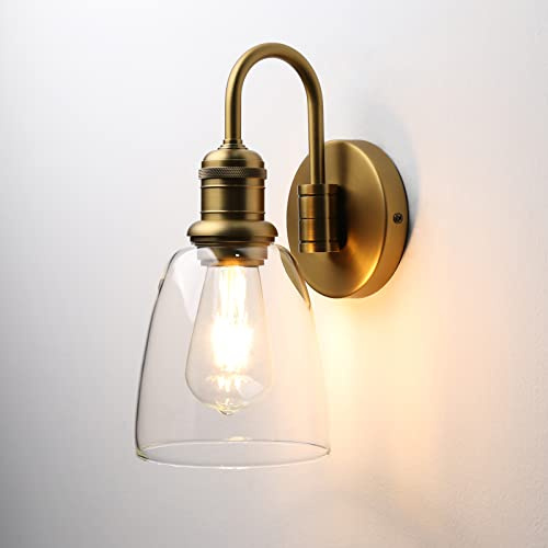 JIMUBEAM Industrial Indoor Wall Light Fixture with Cloche Clear Glass Shade | Hardwired 1-Light for Wall, Vintage Gooseneck Wall Lamp, for Bathroom Living Room Bedroom, Over Kitchen Sink Sconce (Antique)