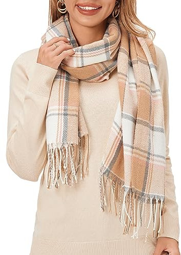 Fuinloth Women's Large Plaid Scarf Fashion Long Shawl Wrap for Winter Warm Lightweight Brown Pink