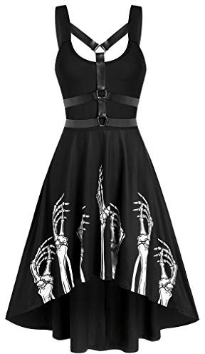 Punk Kleid Damen Totenkopf Palme Muster, Halloween Kostüm Damen Horror Kleider Ärmellos,Steampunk Damen Trägerkleid High Low Mittelalter Viktorianisches Kleidung für Frauen Karneval Cosplay Party
