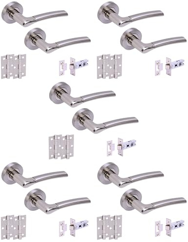 Hunta HANDLEZONE® 5 Sets Ursa Internal Door Handles on Rose Lever Latch Packs with 75mm Ball Bearing Hinges and 76mm Latches - Dual Polished/Satin Nickel