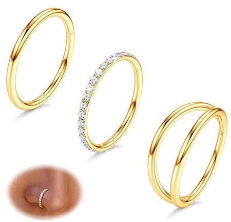 Diamday 3stk Nasenpiercing Ring 316L Chirurgenstahl Nasenring Piercing 16G/18G/20G CZ Conch Piercing Nasenring Gold Silber Septum Clicker Lippen Ring Helix Rook Tragus Daith 7mm/8mm/9mm/10mm