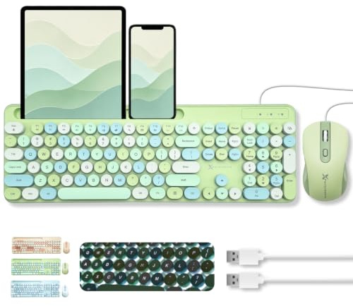 X9 Wired Keyboard and Mouse Combo - Cute Backlit Keyboard with Round Keycaps, 109 Silent Keys Fullsize with Phone/Tablet Dock, Aesthetic and Pastel Colorful Keyboard for Laptop, PC, Chrome - Green