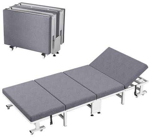 CEIEVER Guest Folding Bed, Portable Foldable Bed with 6-position Backrest Adjustment Mobile Single Sleeper Bed with 360° Castor Wheels Folding Bed with Mattress for Home Office Camping