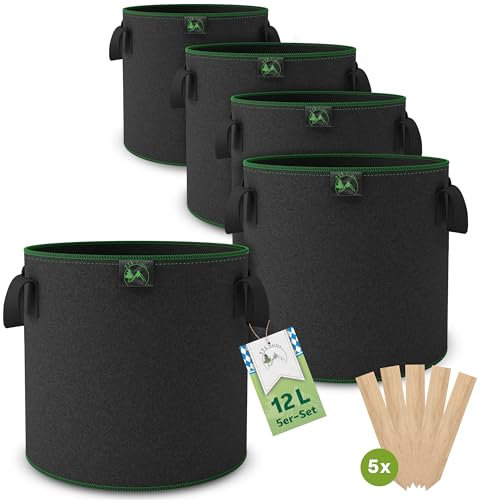 TTL Garden 5X 12L Pflanzsack aus Vlies Stoff - Stofftopf 5er Set 12 Liter Pflanztaschen 300 g/m² Filz & Vliesstoff - Pflanzgefäß Pflanzbeutel Wachstumstasche für Balkon Terrasse Gewächshaus Garten
