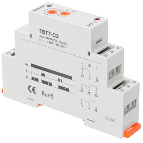 Wengart Relé de Tiempo de Retardo al Desconectado (Delay Off) TBT7-C2, AC/DC 12V-240V 16A, 2SPDT (2 Canales), Temporizador para Carril DIN, Control de Extractor de Baño y Automatismos, Blanco