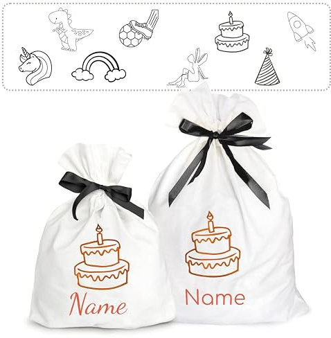 Geschenkbeutel mit Namen und Motiv bestickt - Personalisierter Stoffbeutel mit Kordelzug für Geschenke zum Geburtstag (Schwarz, M (25 x 32 cm))