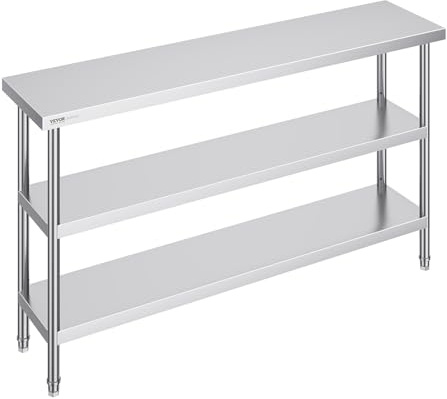 VEVOR Tavolo per La Preparazione degli Alimenti in Acciaio Inossidabile, Tavolo da Lavoro da Cucina Commerciale 356 x 1524 x 864 mm 2 Ripiani Inferiori Regolabili, per Barbecue, Cucina, Casa, Garage