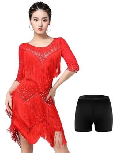 Rojo,L,Vestido Baile Latino con Dobladillo con Flecos para Mujer, Falda Salón Salsa Samba Vestido De Actuación Vals Cuello Redondo Mangas Medias Vestido Competición Latino Negro