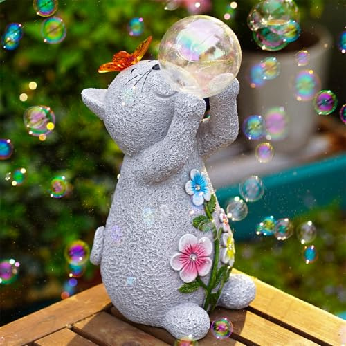 Goodeco Solar Gartenleuchten Katzenskulptur mit Bubble Ball - wasserdichte Dekoration mit Solarlampen für Außenbereich - Geschenkidee für Frauen, Katzenliebhaber und Geburtstag