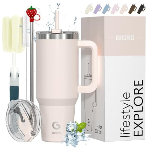 BIGRD Insulated Coffee Cup Travel Mug with Handle and Straw 40oz,Stainless Steel Double Wall Vacuum Leak Proof Water Bottle for Cold Hot 1.2L,BPA-Free,Rose Quartz