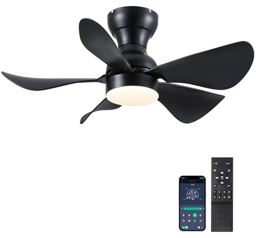 Shanggu Ventilatori da soffitto con illuminazione, colore nero, 76 cm, piccolo ventilatore da soffitto con luce e telecomando, dimmerabile, a basso profilo con 5 fogli in ABS per la camera da letto