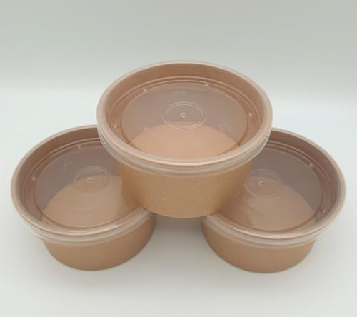 M7 Packaging Soup Containers 12/14/16 oz with Clear Lids Brown Kraft Disposable 25, 50 or 100 Packs Ideal for Sauces, Ice Cream Tubs, Noodles Recyclable Heavy Duty Deli (25, 14oz/ 400ml)