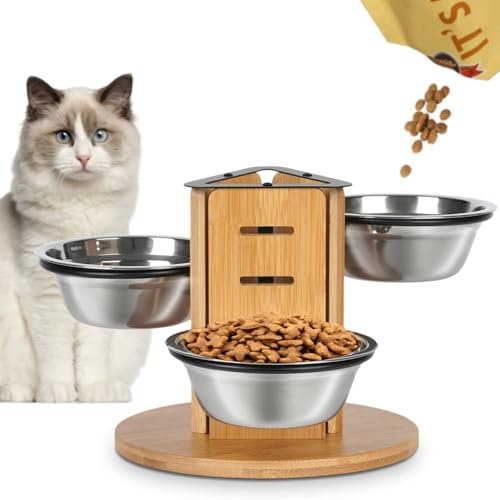 JAZUIHA Katzennapf Erhöht 3er Set, Höhenverstellbare Futterstation für Katzen und kleine Hunde, 14 cm Edelstahlnäpfe (350ml), 3 Stufen für Anpassbare Höhe