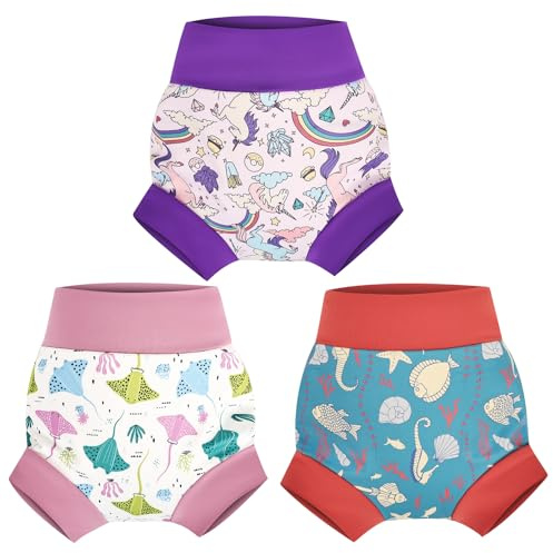 MOEMOE Baby återanvändbara badblöjor, 3 st, bekväma, vattentäta simblöjor för pojkar, flickor, badlektion 2–5 T, Lila, 4 år