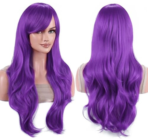 IMISSU 70cm de pelo largo pelucas onduladas de agua con flequillo peluca de disfraz de cosplay (Violeta)