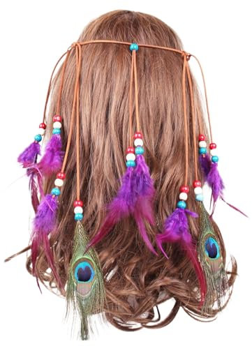 Damen Bohemian Pfauenfeder Stirnband Kopfschmuck Armband Hippie Kopfbedeckung Indian Fascinator Feder Haarband Hochzeit Zubehör Karneval Federkopfschmuck Brasilien Feder Haarschmuck (Purple, One Size)