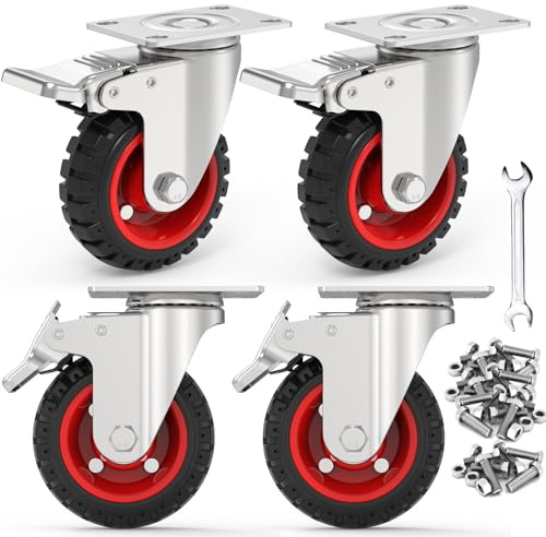 Homhoo 5 Swivel Caster Wheels with Safety Dual Locking and Rubber Tire Wheels, Heavy Duty - 350 Lbs Per Caster for Workbench, Cart, Trolley, Dolly, Cabinet, Compact Rubber Castor Wheels, 4-Packs