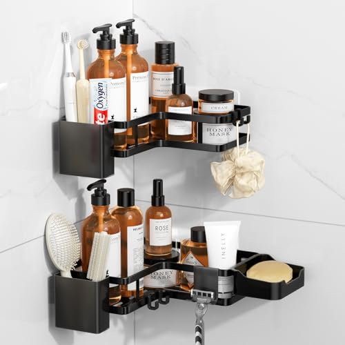 FOXWHALE Support Douche sans Perçage, 6 Pièces Etagère Angle Salle de Bain avec Adhésif, Noir Rangement et Organisation de la Salle de Bain pour Le Gel Douche et Le Shampooing