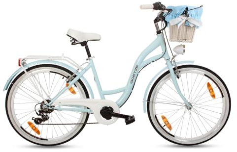 Goetze Mood 26 Zoll Jugendfahrrad, 17 Zoll Tiefeinsteiger Aluminiumrahmen, 6-Gang Kettenschaltung, doppelte V-Bremsen, LED-Beleuchtung, Rattankorb, Komfortsattel, mit Seitenständer & Klingel