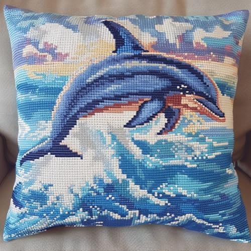 Taxpy Knüpfkissen Set, Cartoon-Delfin Latch Hook Kissen Kit für Anfänger Erwachsene zum Selber Knüpfen, DIY Knüpfteppich Knüpfpackung, Kissen Selber Knüpfen Set, 43x43cm