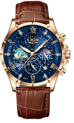 LIGE Montres Hommes Montre Chronographe Étanche à Quartz Phase De Lune en Marron Cuir Montre d'affaires Décontractée pour Hommes avec Affichage De La Date Lumineuse,Bleu Or