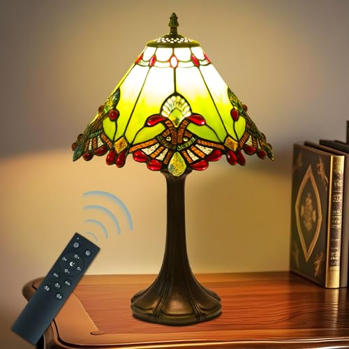 JHuiLap 12 Inch Tiffany Style Table Lamp, Baroque Stained Glass Lamp with Remote Control, Stepless Dimmable & 3 Color Temperatures, Desk Lamps for Bedroom Farmhouse Bedside Nightstand Bedside (Green)
