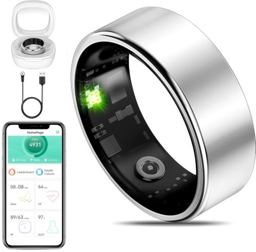 Smart Ring Fitness Tracker for iOS & Android – Sleep Monitor Heart Rate Blood Oxygen & Pressure 8 Sports Modes IP68 Waterproof NO Subscription Long Battery Life (Titanium Silver, 14#(23.4mm/0.92in))
