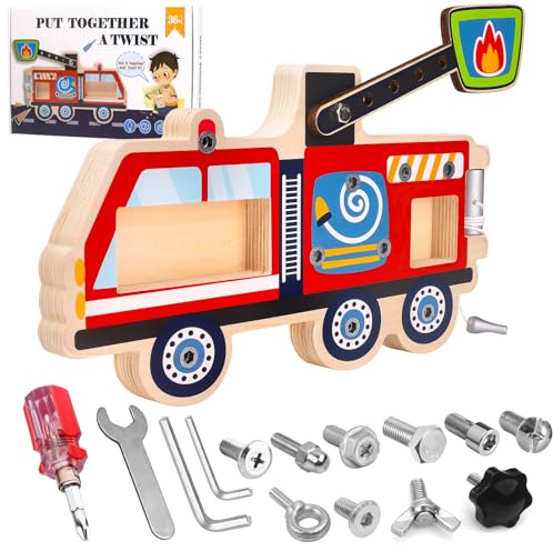 Jouet Éducatif en Bois Camion de Pompiers avec Tournevis et Clé - Activité Montessori pour Enfants de 3 à 5 Ans, Jeu de Construction DIY, Cadeau Éducatif pour Enfant - avec pochette de rangement
