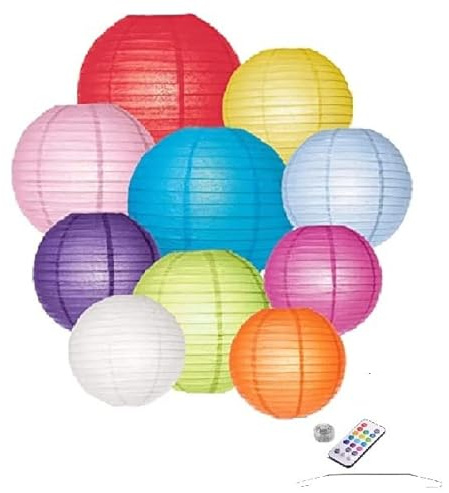 10 x Papier Lampions - Bunte Farbe Mix - Schwer Entflammbar - Inkl. LED mit Fernbedienung - Inkl. Haken - - Verschiedene Größen 25 cm, 35 cm, 45 cm