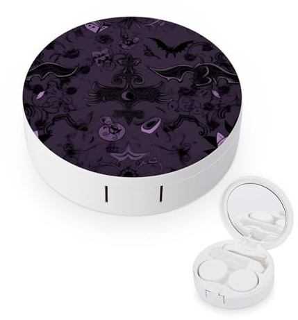 BVKWNTSA Portable Round Purple Black Goth Spooky Printed Contact Lens Case is Stylish and Compact, Easy to Carry and Protects Lenses.