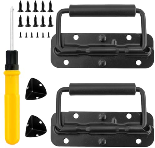 REBECCAHOWARD Lot de 2 poignées de caisse à ressort avec vis, tournevis à double usage et angle d'enroulement - Poignées pliantes noires - Avec couvercle en caoutchouc isolé - Pour boîte à outils