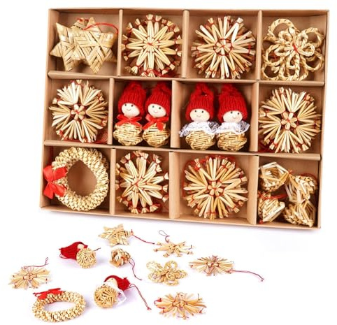 Natural Christmas Tree Decorations, 38pcs Straw Xmas Tree Decorations, Rustic Hanging Christmas Decoration, Personalised Handmade Straw Star Snowflake Ornaments for Home Farmhouse Holiday