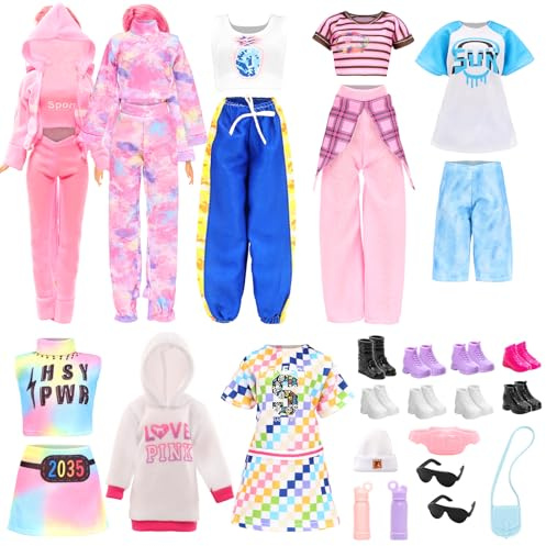 Miunana 23Pcs Fashion Puppenkleidung, 8 Set Chic Kleiung Outfits Kleider Hoodie Sportkleidung mit 8 Paar Schuhe 7 Zubehör für 11.5 Zoll Puppen Geschenke für Mädchen
