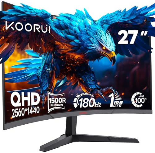 KOORUI 27 Inch QHD Curved Gaming Monitor, 180Hz 1440P Monitors,VA Panel, 1500R PC Screen, 1ms, Adaptive Sync, Eye Cared, HDR10, 99% sRGB, HDMI 2.0 & DP 1.4, VESA, Tilt, for Laptop, PS5, Xbox, 27E6QCA