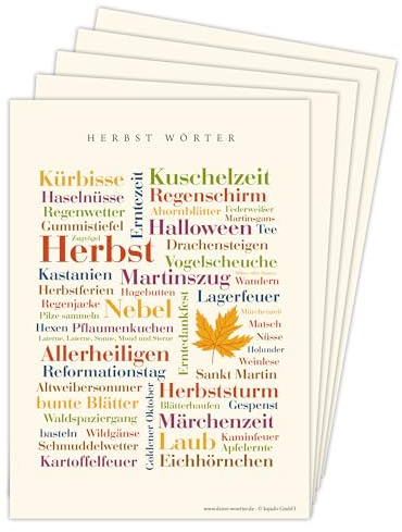 Deine Wörter Postkartenset - 5 Postkarten mit Herbst, einzigartiges Souvenir und kreative Geschenkidee - DIN A6