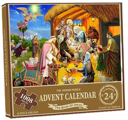Christmas Advent Calendar 2025, 1008 Pieces Jigsaw Puzzle, 24 Days The Birth of Jesus Christmas Countdown Calendar, Advent Puzzle for Adult Kids|Puzzles
