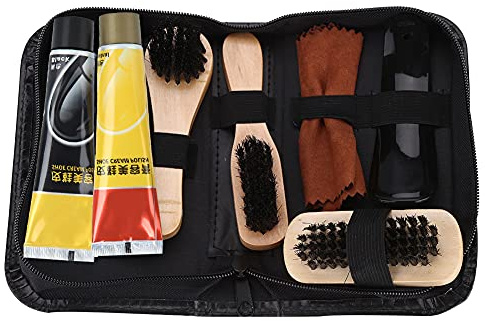 Mtlavishness Kit per la cura delle scarpe lustrascarpe da 8 pezzi con spazzole neutre per stivali, scarpe da ginnastica, set completo da viaggio con custodia con cerniera, panno