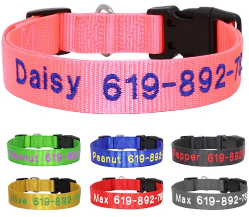 Personalisierter bestickter Verstellbarer Nylon‑Hundehalsband, Rosa | Custom embroidered name & phone; 5 sizes XS‑XL, sturdy & durable, with quick‑release buckle, fits all dog sizes