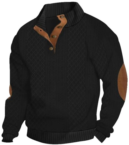 PADOLA Felpa Uomo a Collo Alto con Bottoni Jacquard Maglione Elegante Manica Lunga Fit Classico Giaccone Casual Morbido Outfit Autunno Inverno(Nero,M)
