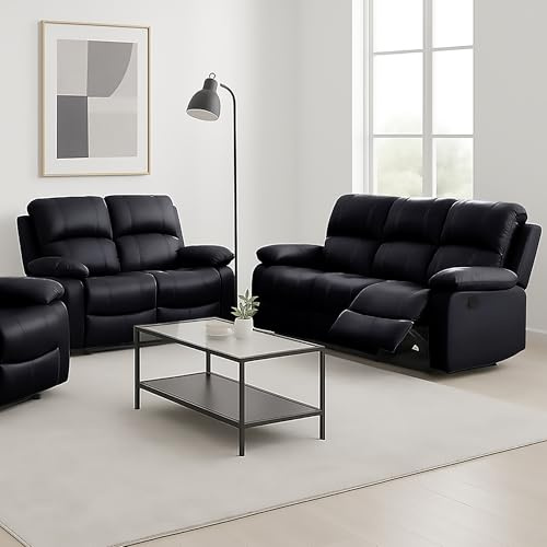 Bravich Contemporary Recliner Sofa Set in Black Bonded Leather 2+3 Seater Manual Reclining Sofas with Padded Armrests & Footrests for Living Room, Lounge or Home Cinema