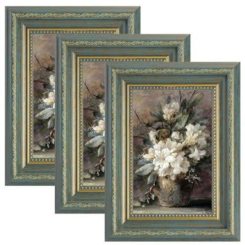 3 PCS Vintage Photo Frames Set, 5x7 Picture Frames with Plexiglass for Wall and Tabletop Display, Retro Rustic Photo Frame for Home Office Living Room Decor (Green)