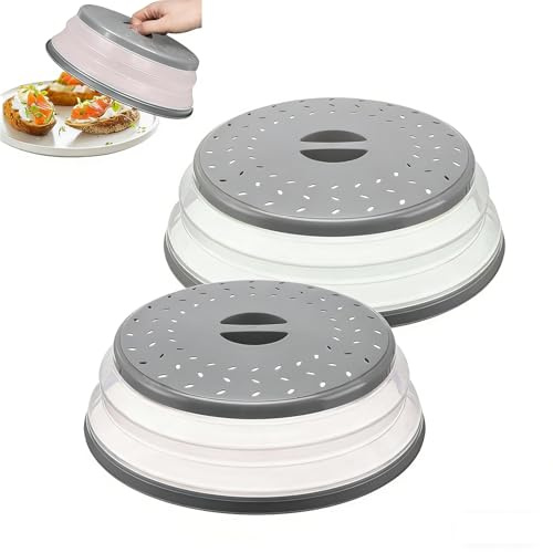2 PCS Microwave Cover for Food, 10.5 Inch Collapsible Silicone Microwave Splatter Guard, Multi-Functional Vented Microwave Lid Cover & Basket Strainer for Fruit Vegetables, BPA-Free (Grey)