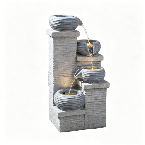 HOMASIS Fontaine de Jardin Extérieure 4 Niveaux avec Lumières LED | Jardin Décorative avec Pompe à Eau, Débit Réglable, pour Patio Balcon, Résine et Fibre de Verre, 27 x 24 x 58 cm