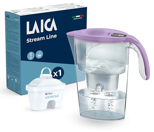 LAICA Stream Line Caraffa Filtrante Acqua - 2,3L, Timer Digitale, Lilla | Filtro bi-flux universal x1 incluso, preserva sali minerali, riduce cloro, calcare e microplastiche, Made in Italy