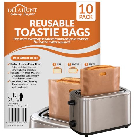 Reusable Toastie Bags [10 Pack] - Non-Stick Toaster Bags for Toasted Sandwiches | Up to 100 Uses Per Bag | Air Fryer, Grill & Dishwasher Safe | BPA & PFOA-Free | Ideal for Toasties, Snacks & Reheating