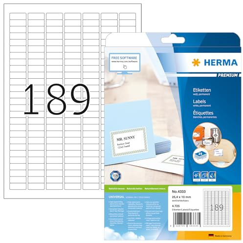 HERMA 4333 universella etiketter A4 små (25,4 x 10 mm, 25 ark, papper, matt) självhäftande, utskrivbara, permanenta adressetiketter, 4 725 klistermärken, vit