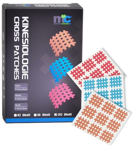 Medicalcorner24 Kinesiologie Crosstape, Gitterpflaster, Cross-Patch Gittertape 2,7 x 2,1 cm 6 x blau, 6 x pink, 6 x beige, 18 Bögen