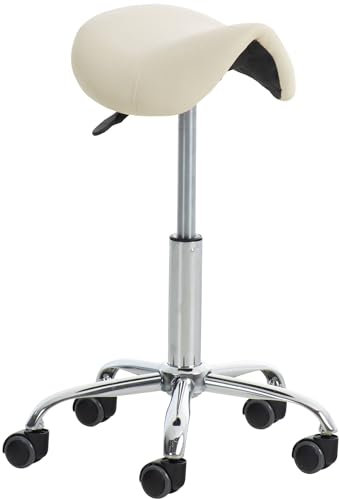 CLP Arbeitshocker Reno Mit Kunstlederbezug Und Leichtlaufrollen I Höhenverstellbarer Drehbarer Sitzhocker Mit Metallgestell In Chrom-Optik, Farbe:Creme