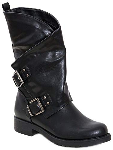Toocool - Damen-Stiefel niedrig Biker Boots Motorradfahrer Stiefeletten Schnallen Kampfstiefel SA9907, Schwarz , 40 EU